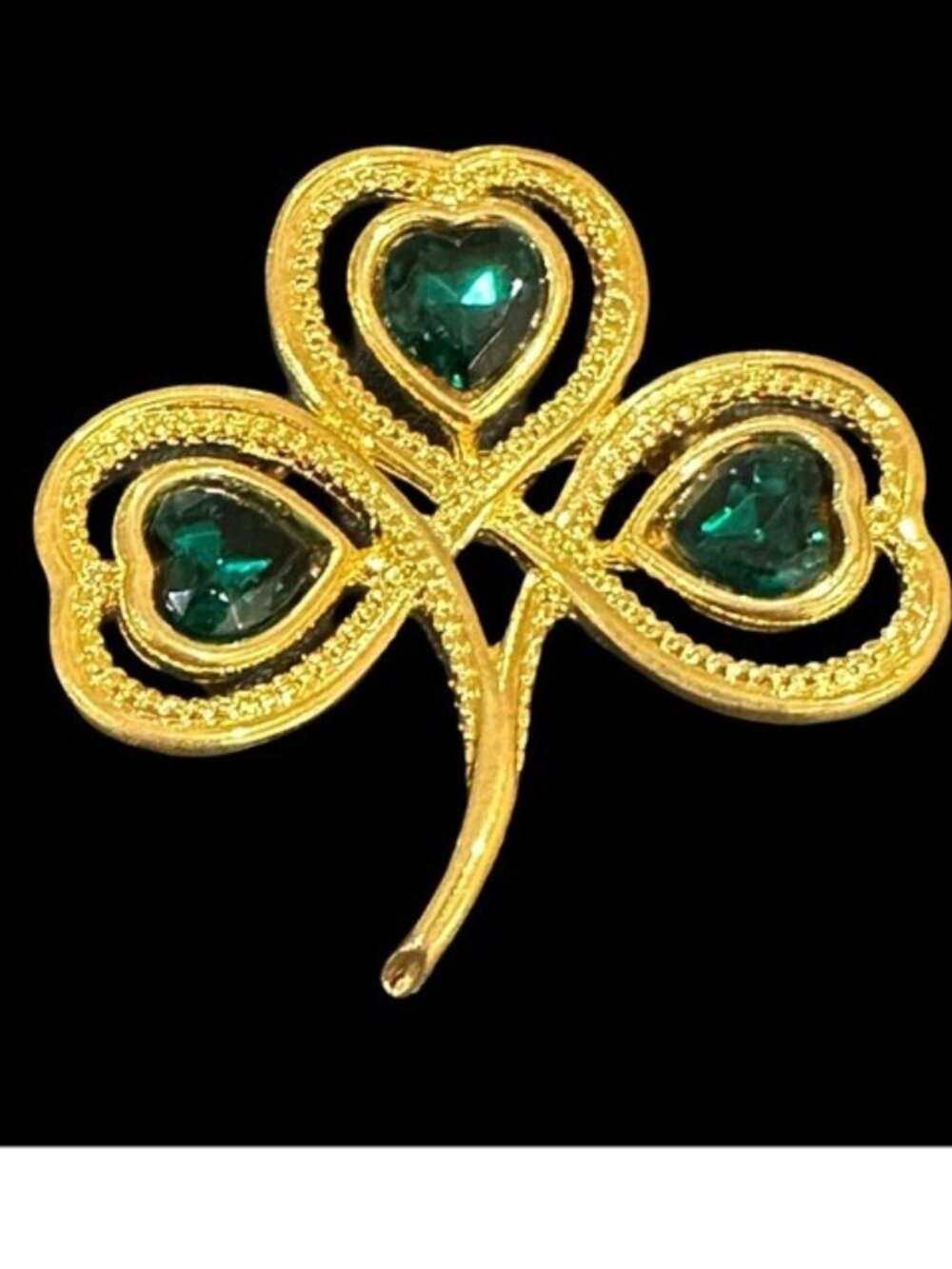Shamrock Brooch Emerald Green Heart Centers Clover Gold Tone Womens Jewelry